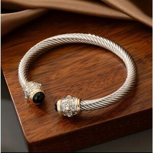 Stainless Titanium Steel Black Stone Cable Wire Twisted Metal Bangle Bracelet
